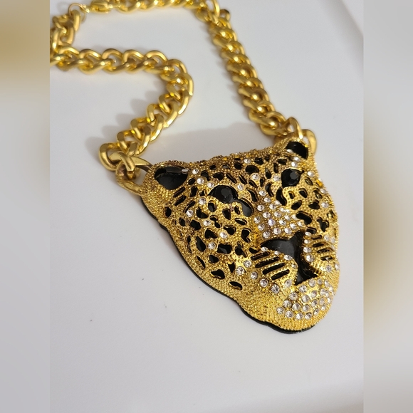 Leopard cheetah chunky chain necklace Rhinestones gold black enamel Rhianna - Picture 6 of 12